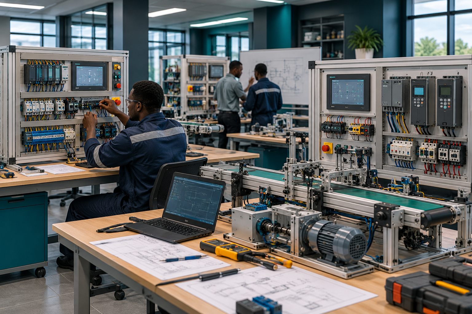 Industrial automation training laboratory with control panels and conveyor equipment